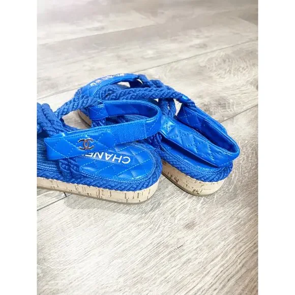 CHANEL Blue Cord Lambskin Quilted Cork PlatformLogo Sandals Size 6.5